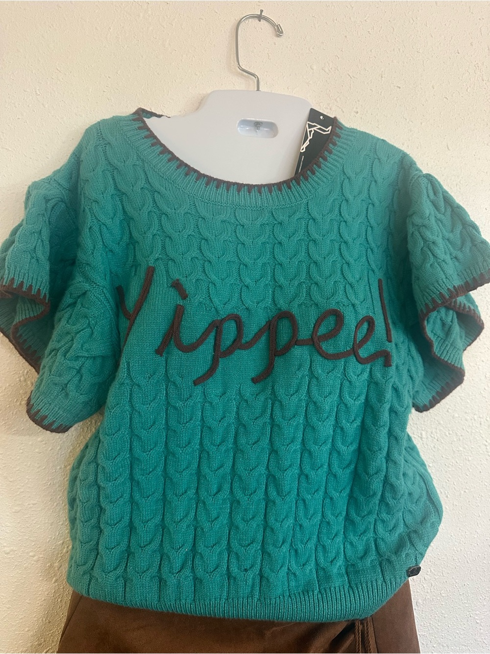 Lucky & Blessed Teal Cable Knit Short Sleeve Sweater with Brown Trim